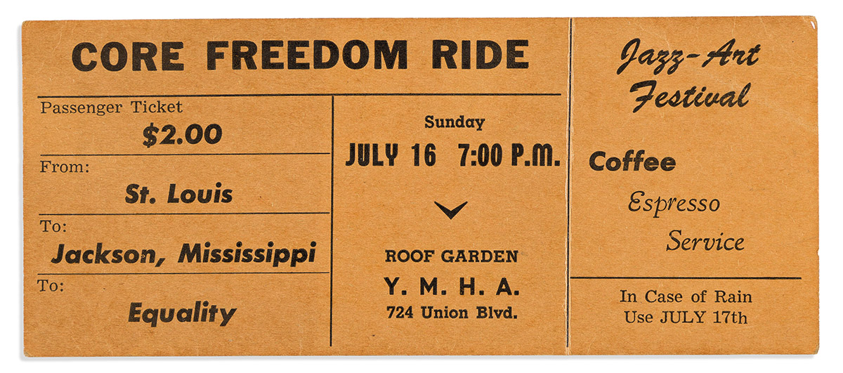 (CIVIL RIGHTS.) Ticket to a St. Louis "Jazz-Art Festival" fundraiser for the CORE Freedom Riders.